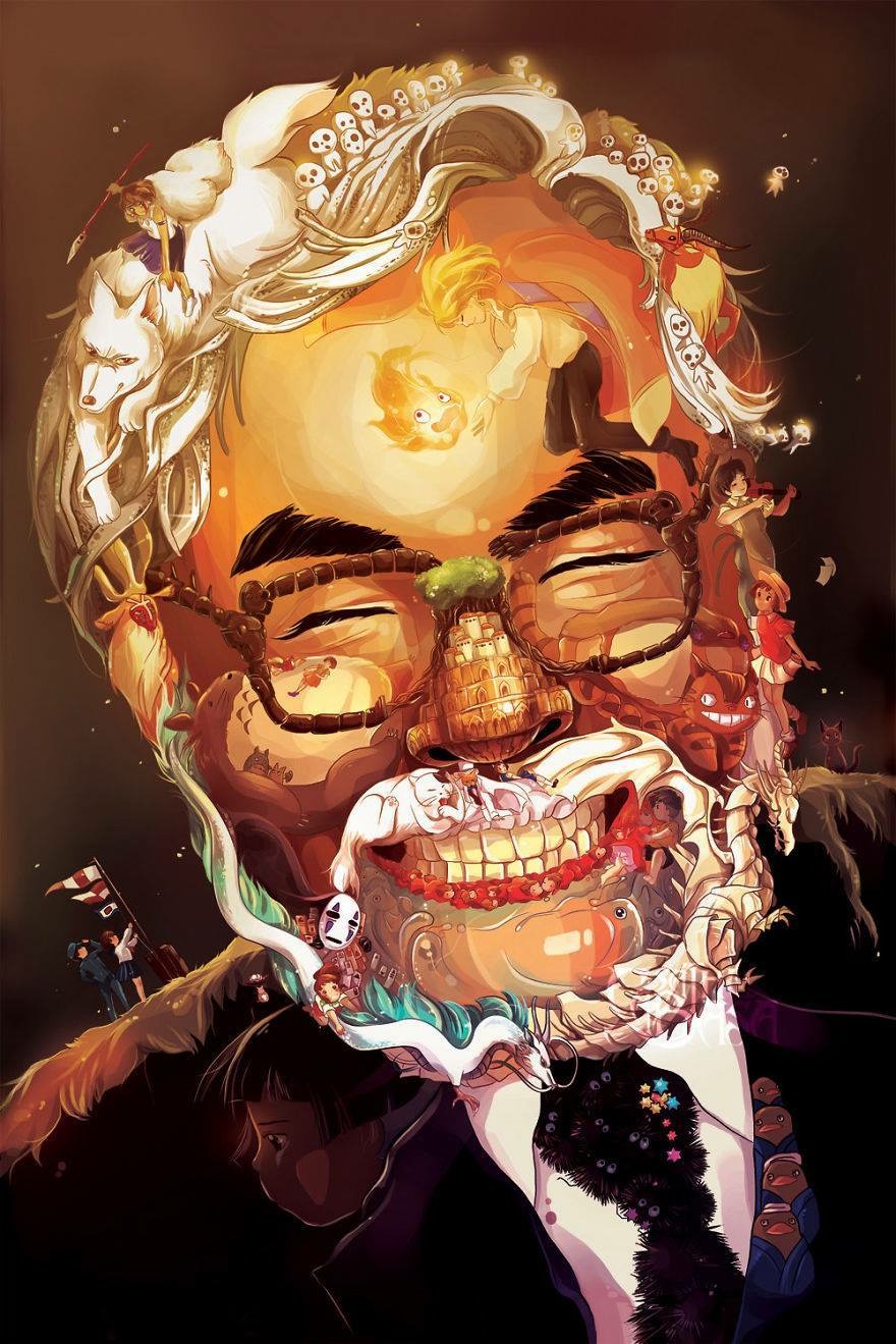 Portrait d'Hayao avec ses personnages